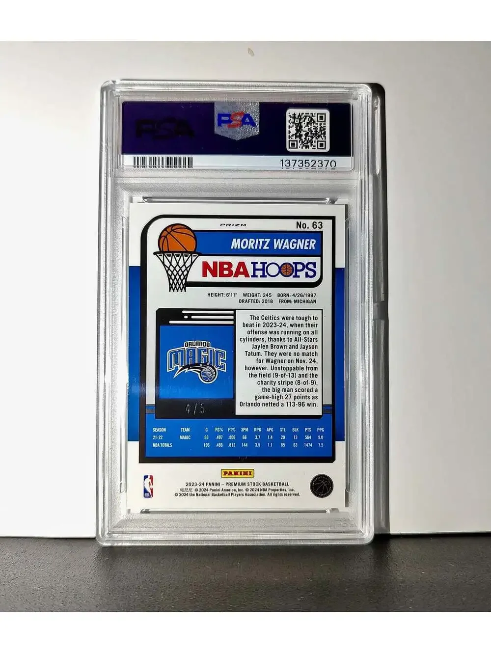Moritz Wagner 2023 Panini Hoops Premium #63 4/5 Green Disco Prizm PSA 10 Gem